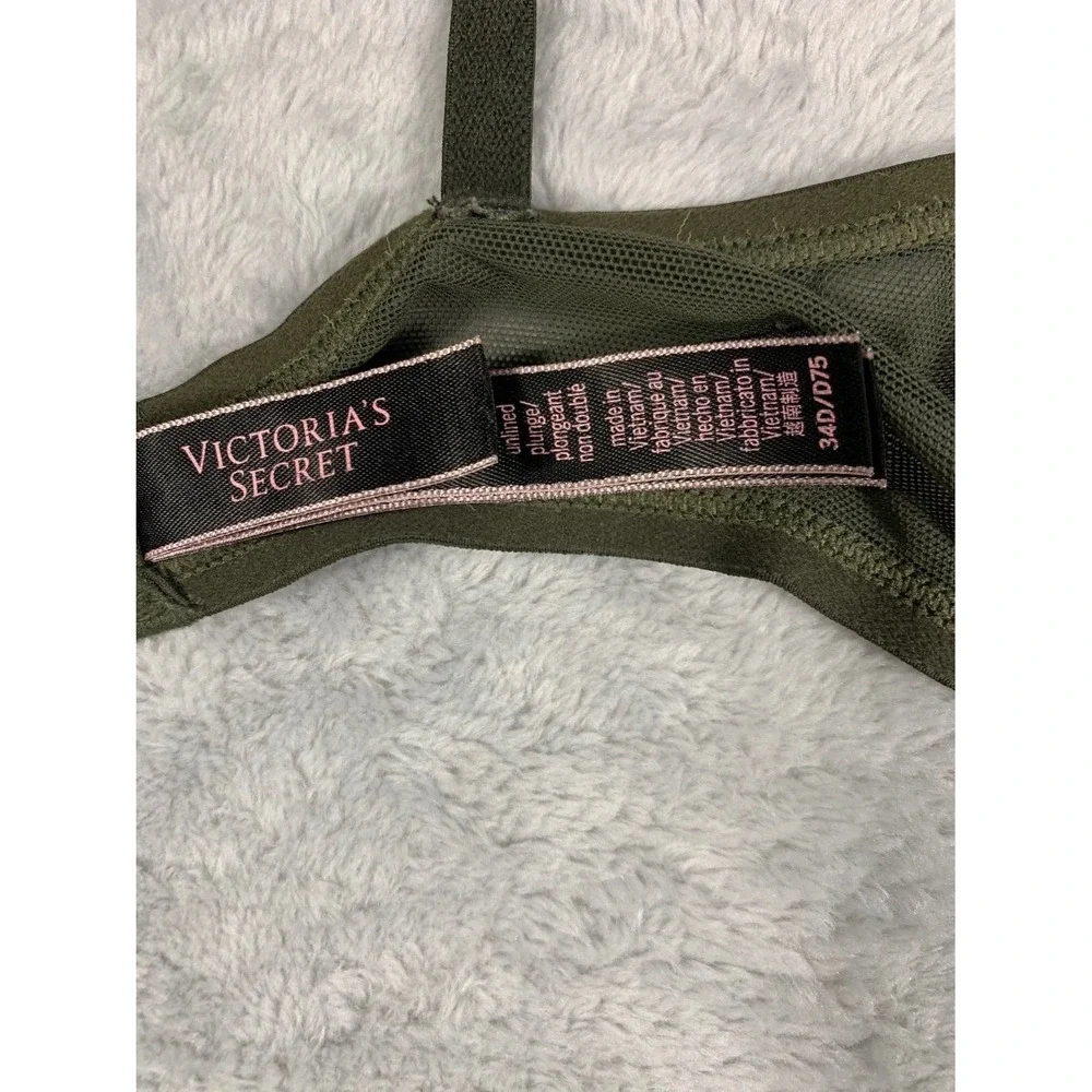 Victoria's Secret Unlined Plunge Bra 34D Olive Green Lace Gold Hardware